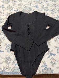 Black Ribbed Lace-Up Bodysuit