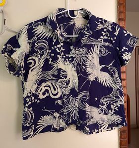 Blue Cropped Crane Print Shirt