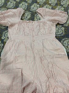 Cute Pink Gingham Puff Sleeve jumpsuit