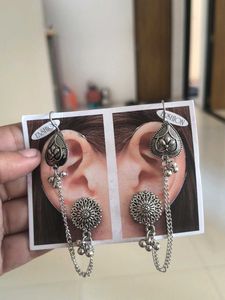 Oxidised Silver Jhumka Chain Earrings