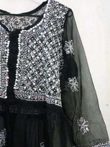Black Mirror Work Chikankari Short Kurti