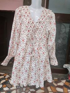 ZARA Cream &amp; Terracotta Red Floral Print Boho Dres