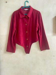 Chic Cropped Collared Red Shirt