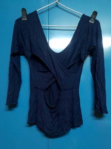 Fitted Navy Blue Crossover Cut-Out Backless Top