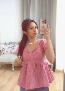 Chic Red Gingham Peplum Top
