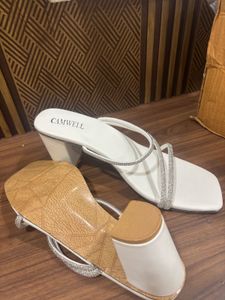 Stylish White Embellished Block Heels