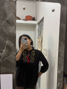 Embroidered Black Blouse with Tassels