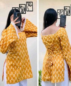 Pure cotton Yellow Printed Kurta with Lace Detail