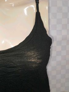 (400)Fringe Detail Black Tank Top