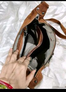 Brown Suede &amp; Gold Textured Shoulder Bag