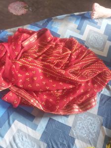 Red Saree with Yellow Bandhani Print