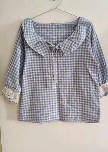 Blue Gingham Ruffle Neck Top