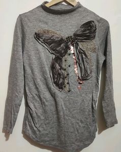 Grey Winter Butterfly Print Full Sleeves Top