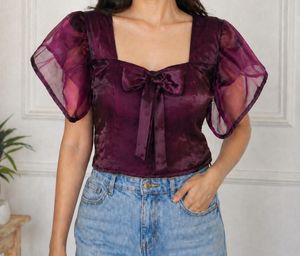 Padded Puffy Sleeve Bow Top