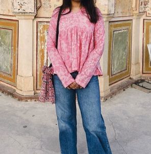 Pink Floral Print Peplum Top