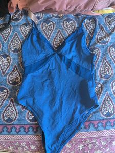 zara blue body suit with mesh panel