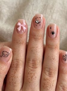 Cute Pink Square Press-On Nails  Puppy Paw &amp; Bow D