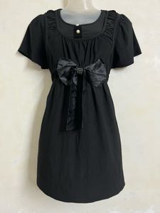 korean Black Short Sleeve Dress with Bow