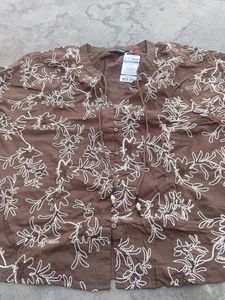 Brown Floral Tie-Neck Blouse