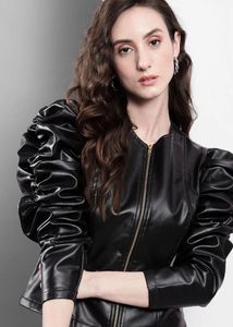 Chic Black Faux Leather Jacket with Puffed Sleeves