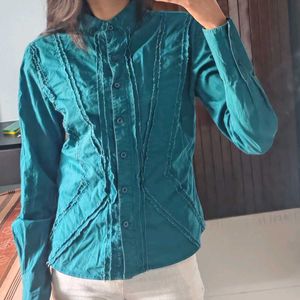 Teal Button-Up Shirt with Stitching Detail