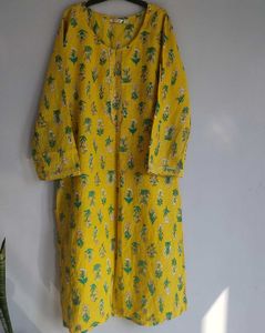 Yellow Floral Print Cotton Kurta