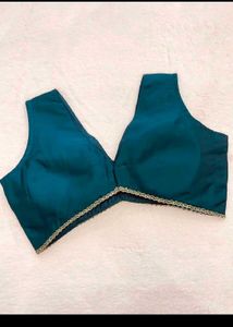 Elegant Teal V-Neck Blouse with Gold Trim