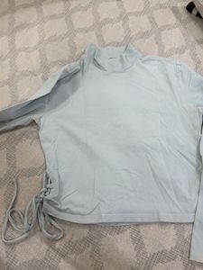 Light Blue Mock Neck Tie Detail Top