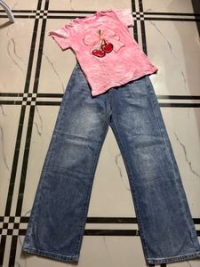 Cute Cherry Graphic Tee &amp; Wide Leg Jeans Set