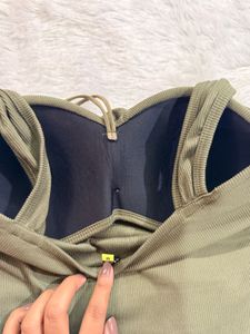 Olive Green Ribbed Crop Top with Rose Detail