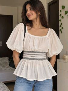 Chic White Puff Sleeve Peplum Top