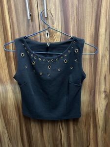 Black Sleeveless Crop Top with Eyelets