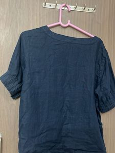 Dark Blue Square Neck Button-Up Top