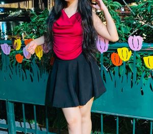 Chic Red Cami Dress with Black Skirt