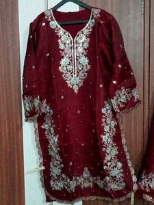 Embroidered red Kurta with plazo and dupatta