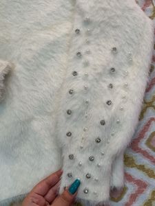 Cream fuzzy sweater with pearl details