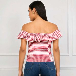 Red Gingham Off-Shoulder Ruffle Top
