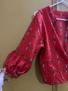 Red Printed Cropped Zip-Up Blouse