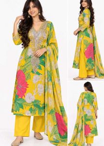 Vibrant Yellow Floral Kurta Set with Dupatta