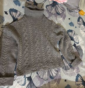 Gray Turtleneck Cable Knit Sweater
