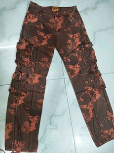 A cool red denim cargo jeans