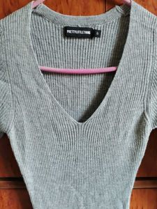 Grey Ribbed V-Neck Long Sleeve Maxi Dress