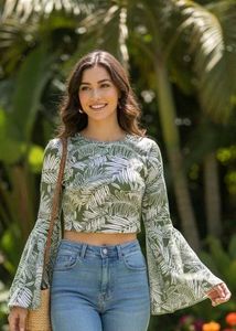 Stylish Leaf Print Bell Sleeve Crop Top(free deliv