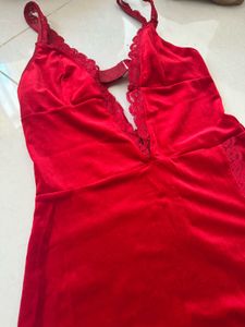 Elegant Red Velvet Lace Trim Dress
