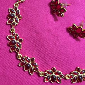 Elegant Red Stone Lotus Necklace &amp; Earring Set