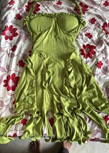 y2k pista Green Ruffle Dress
