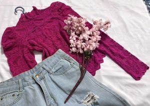 🎁 Pinterest Lace Puff Sleeve Mock Neck Top M