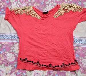 Coral Top with Crochet Detail