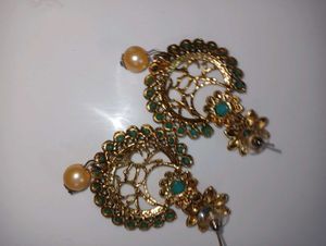 Blue And Golden Toned Floral Drop Earrings