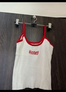 White ribbed cami with 'Honey' graphic